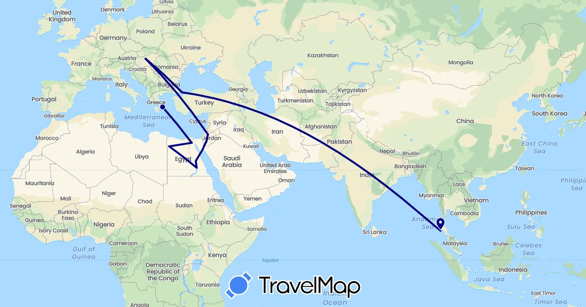 TravelMap itinerary: driving in Egypt, Greece, Hungary, Jordan, Thailand, Turkey (Africa, Asia, Europe)